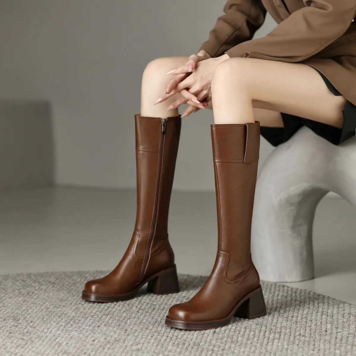 2024 stivali alti al ginocchio da donna nuovo arrivo autunno inverno tacchi alti spessi in vera pelle scarpe da sera da festa di