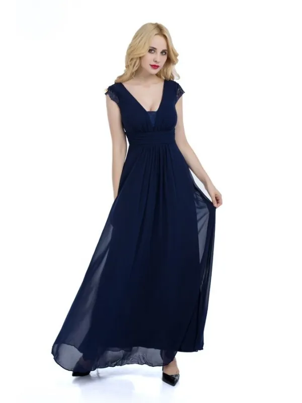 Abito elegante blu lungo alla caviglia con scollo a V