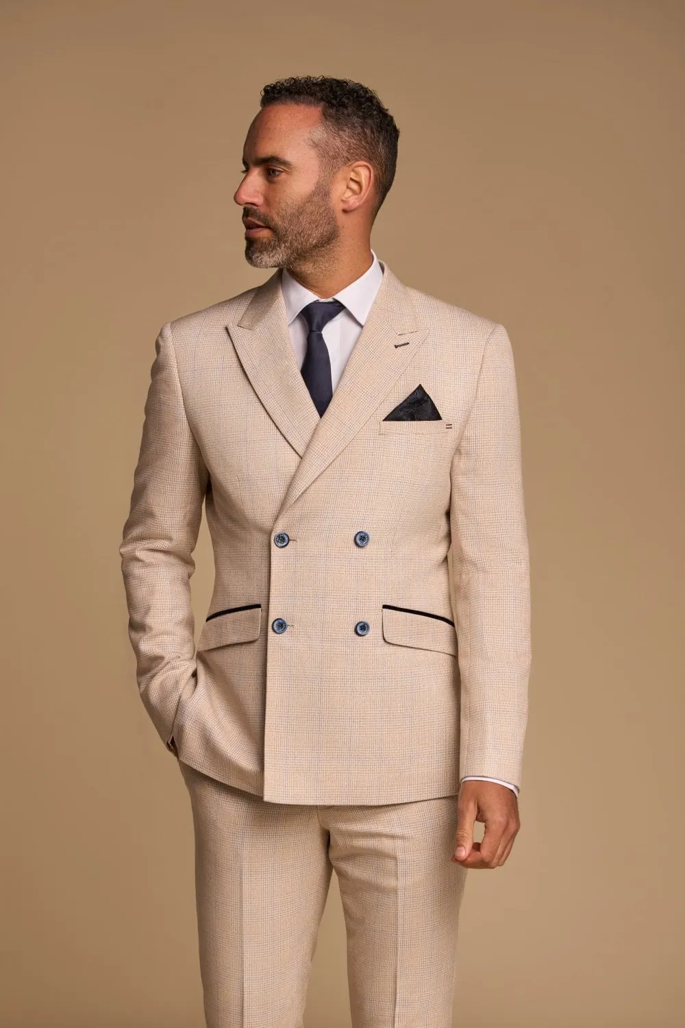 Beige double-breasted cavani suit with slim fit checks