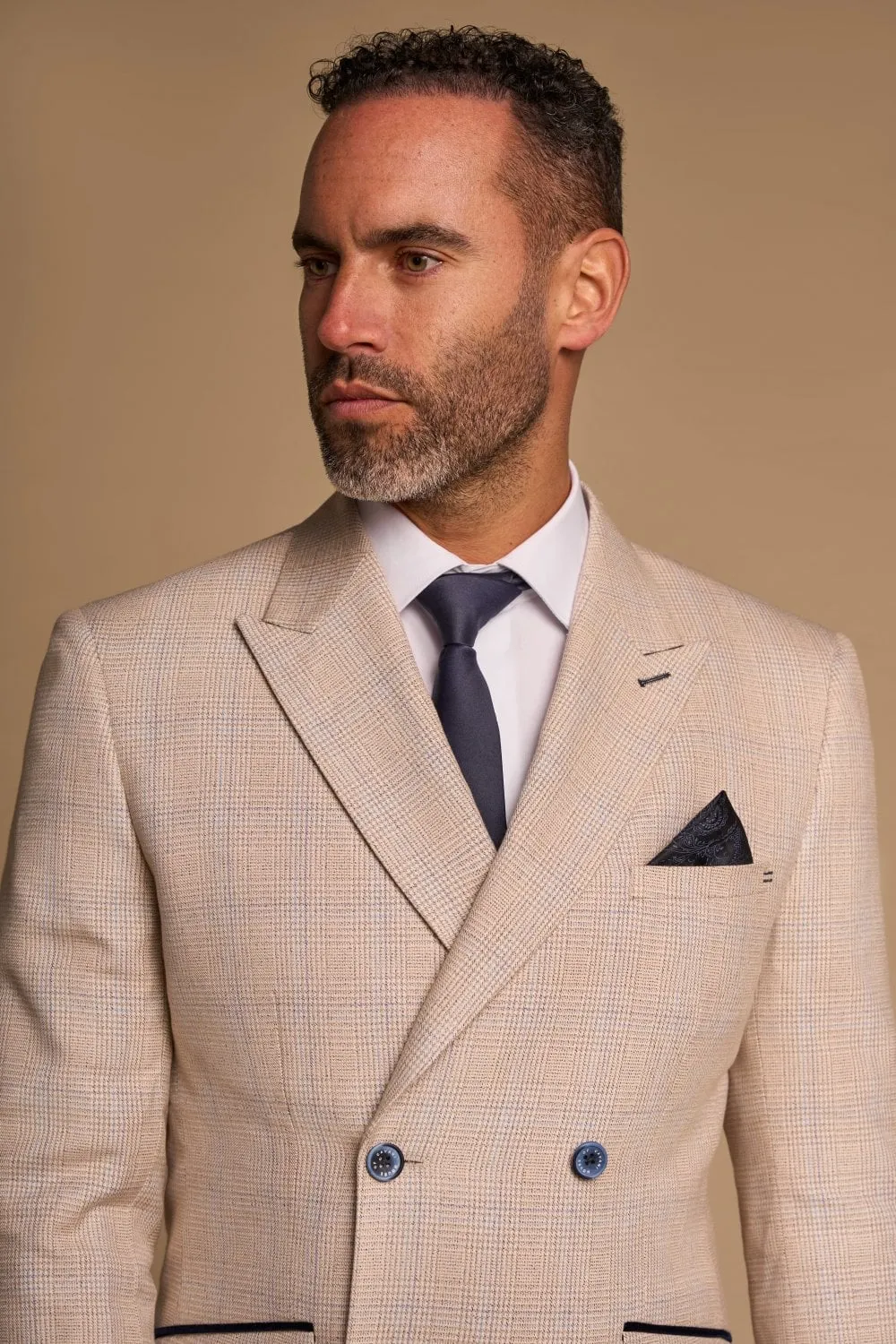 Beige double-breasted cavani suit with slim fit checks