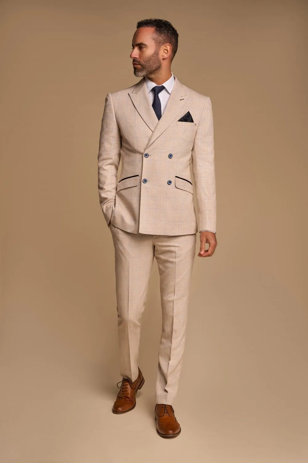 Beige double-breasted cavani suit with slim fit checks