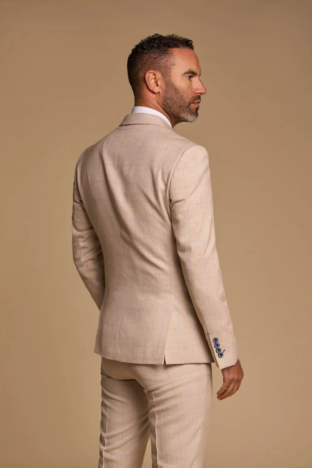 Beige double-breasted cavani suit with slim fit checks