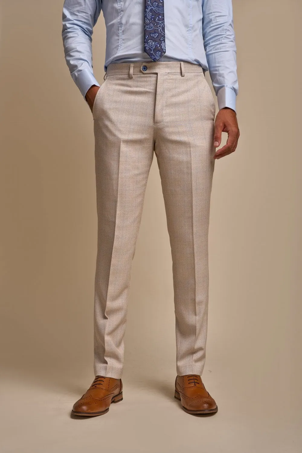 Beige double-breasted cavani suit with slim fit checks