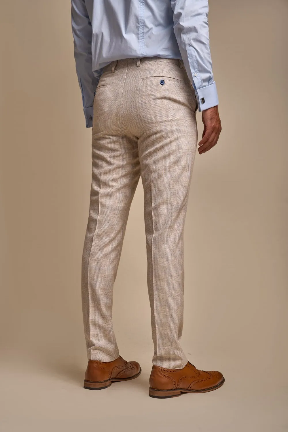 Beige double-breasted cavani suit with slim fit checks