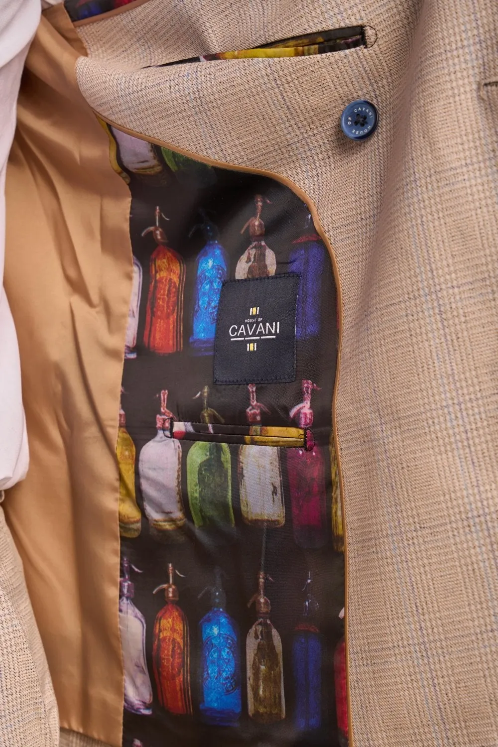 Beige double-breasted cavani suit with slim fit checks