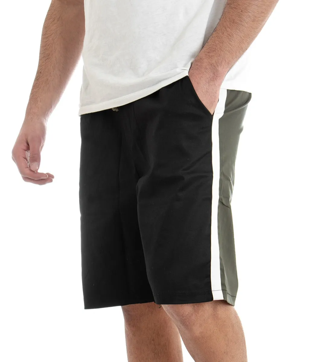 Bermuda Pantaloncino Corto Uomo Tuta Bicolore Nero Riga Laterale GIOSAL-PC1274A
