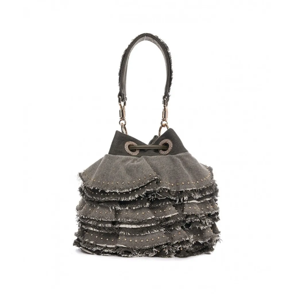 Borsa a secchiello con volant in denim nero