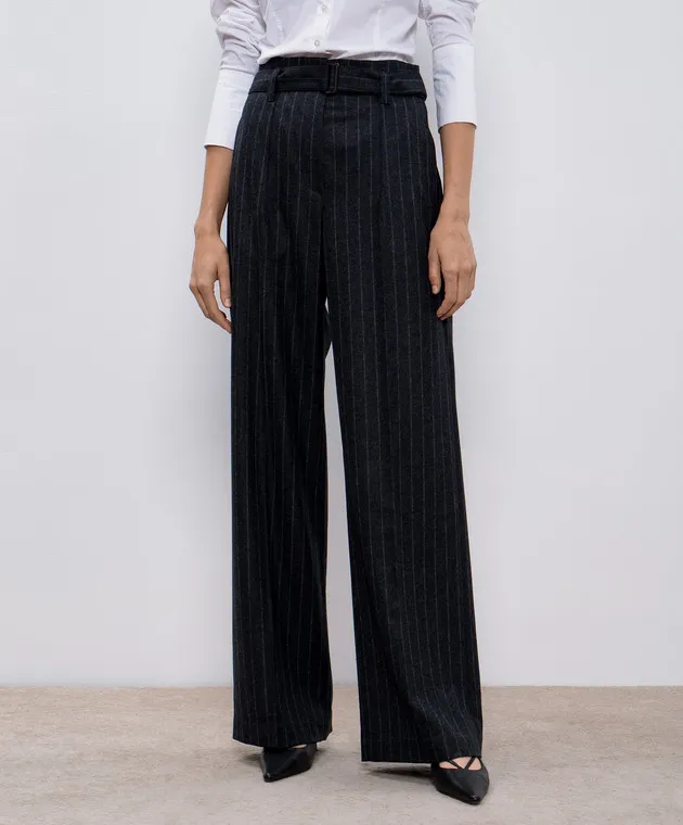 Brunello Cucinelli Pantaloni in lana rigata grigia con catena monil ME208P8692