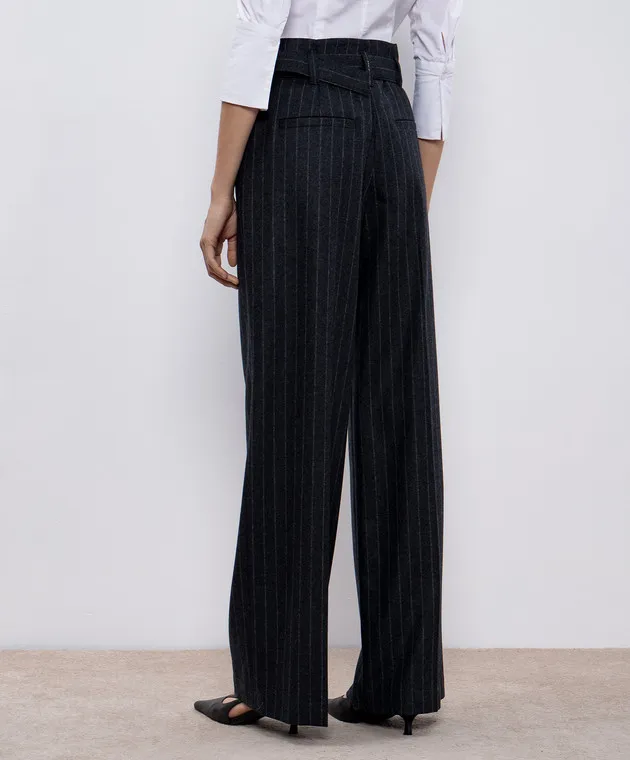 Brunello Cucinelli Pantaloni in lana rigata grigia con catena monil ME208P8692
