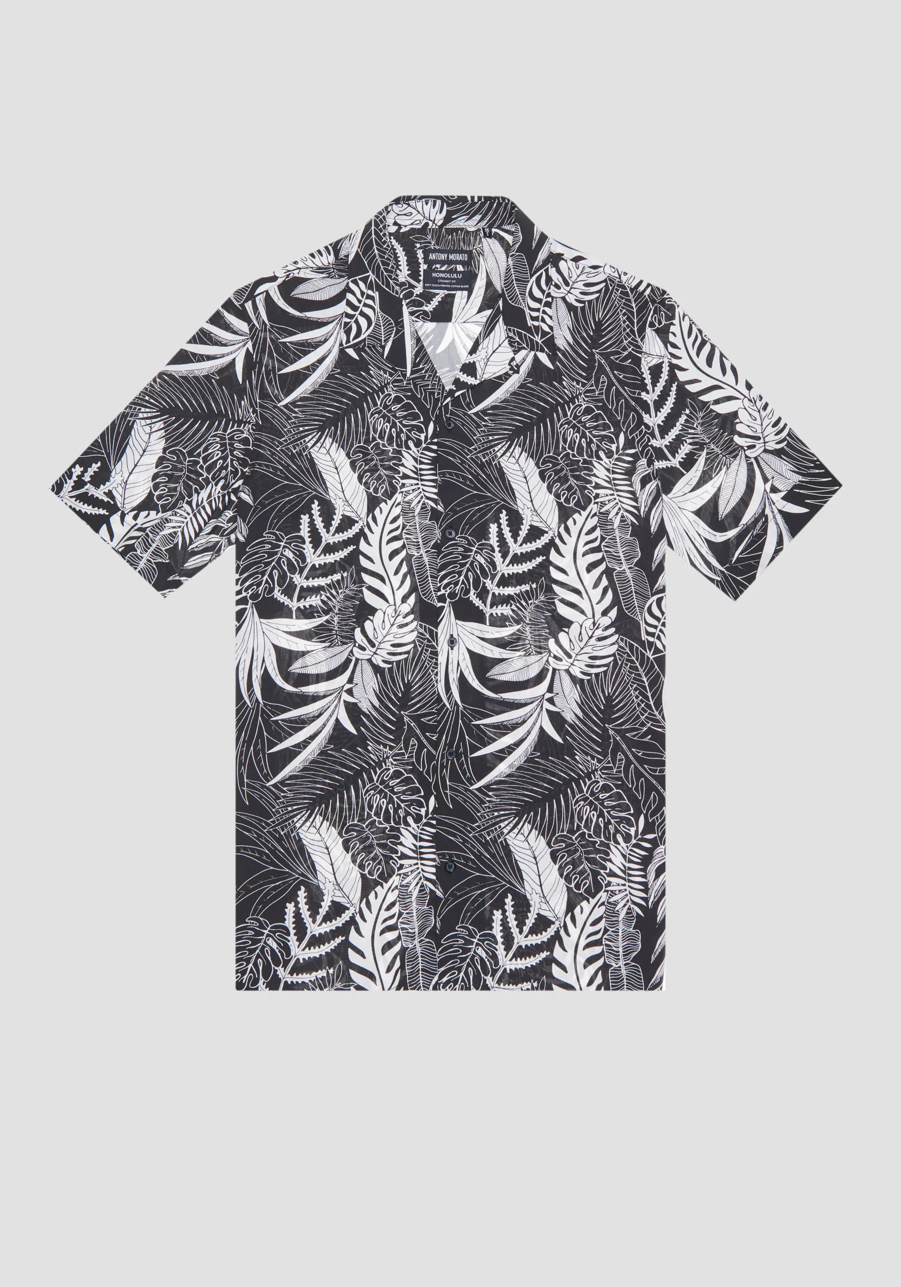 CAMICIA STRAIGHT FIT A MANICHE CORTE IN MISTO COTONE CON STAMPA TROPICALE ALL OVER