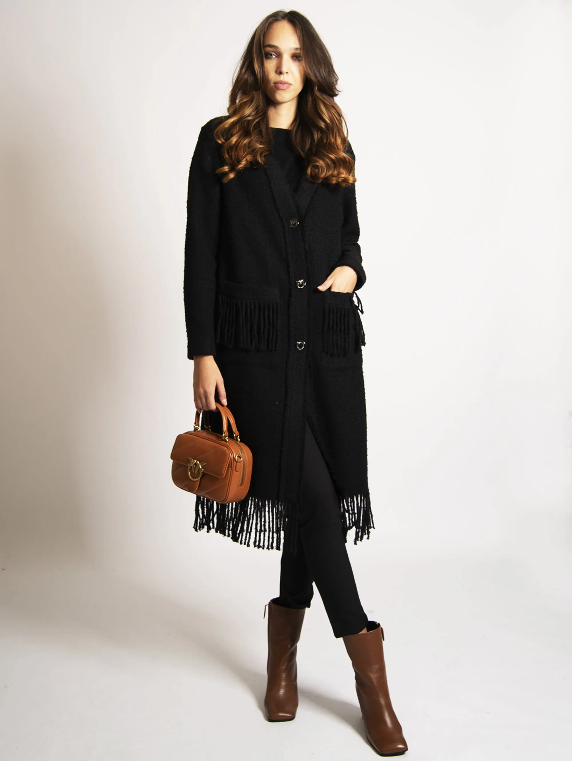 Cappotto in Tweed con Frange Black
