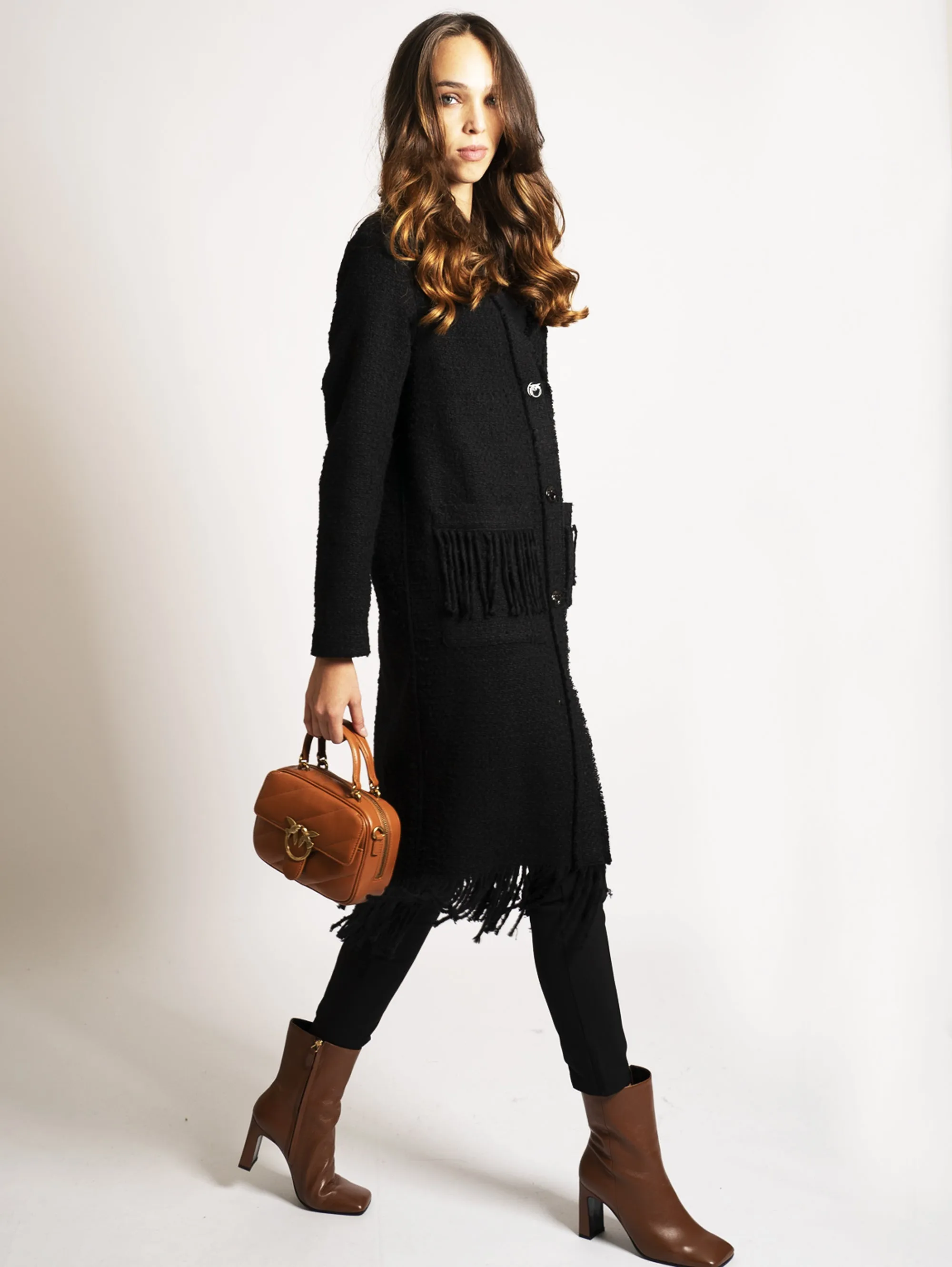 Cappotto in Tweed con Frange Black