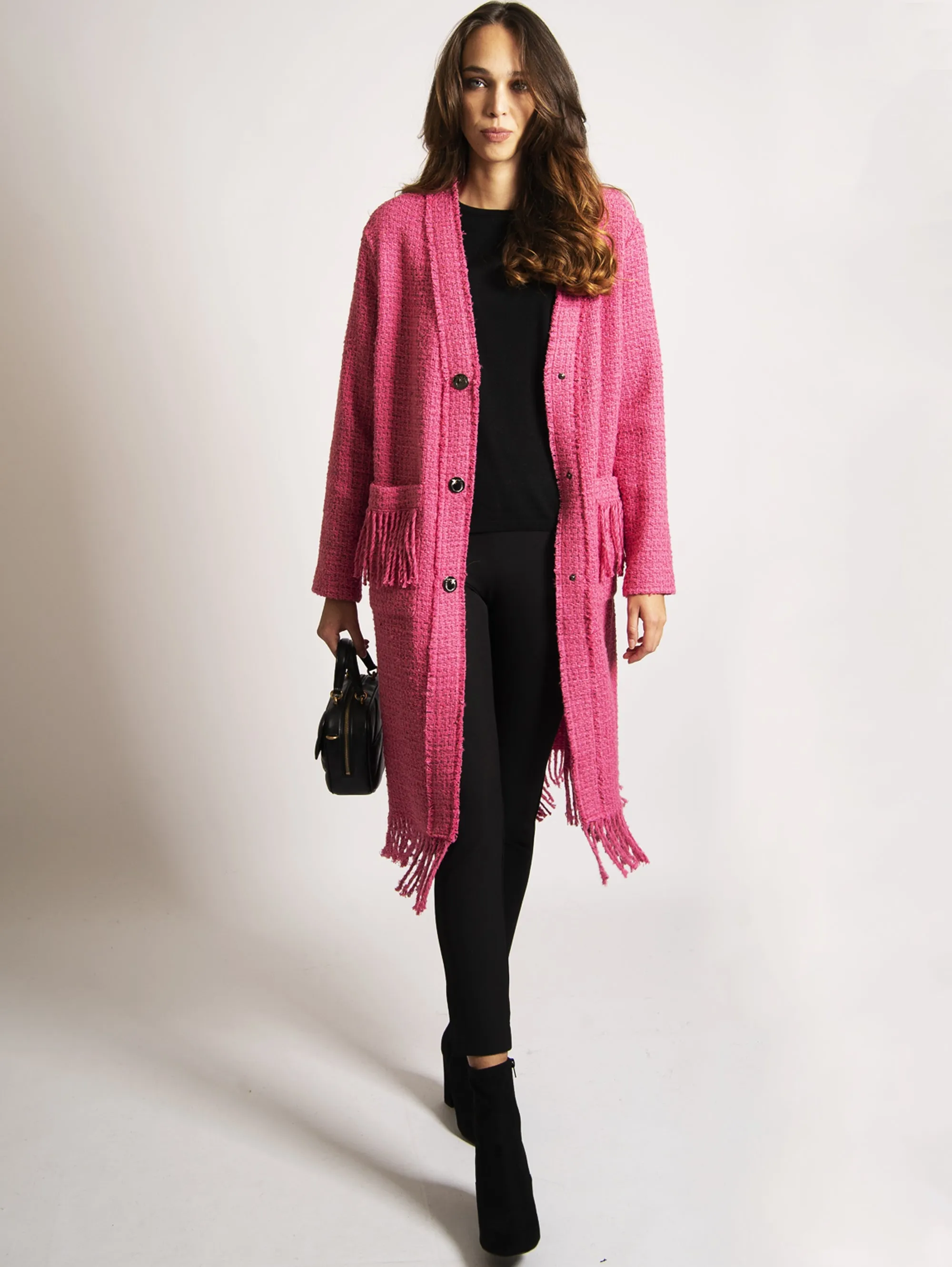 Cappotto in Tweed con Frange Fucsia