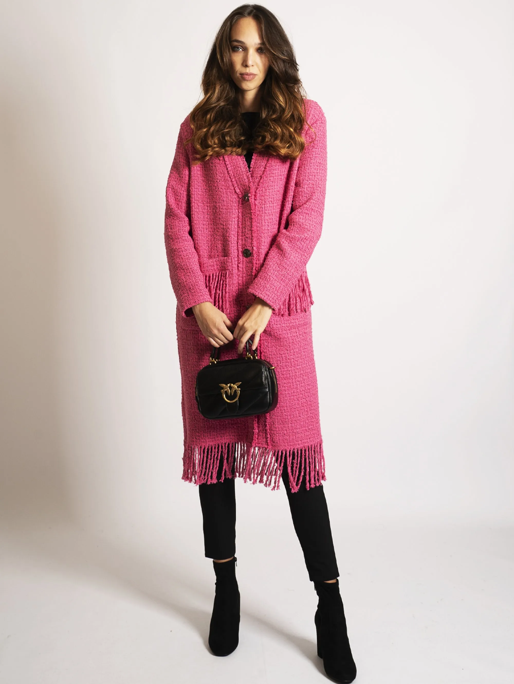 Cappotto in Tweed con Frange Fucsia
