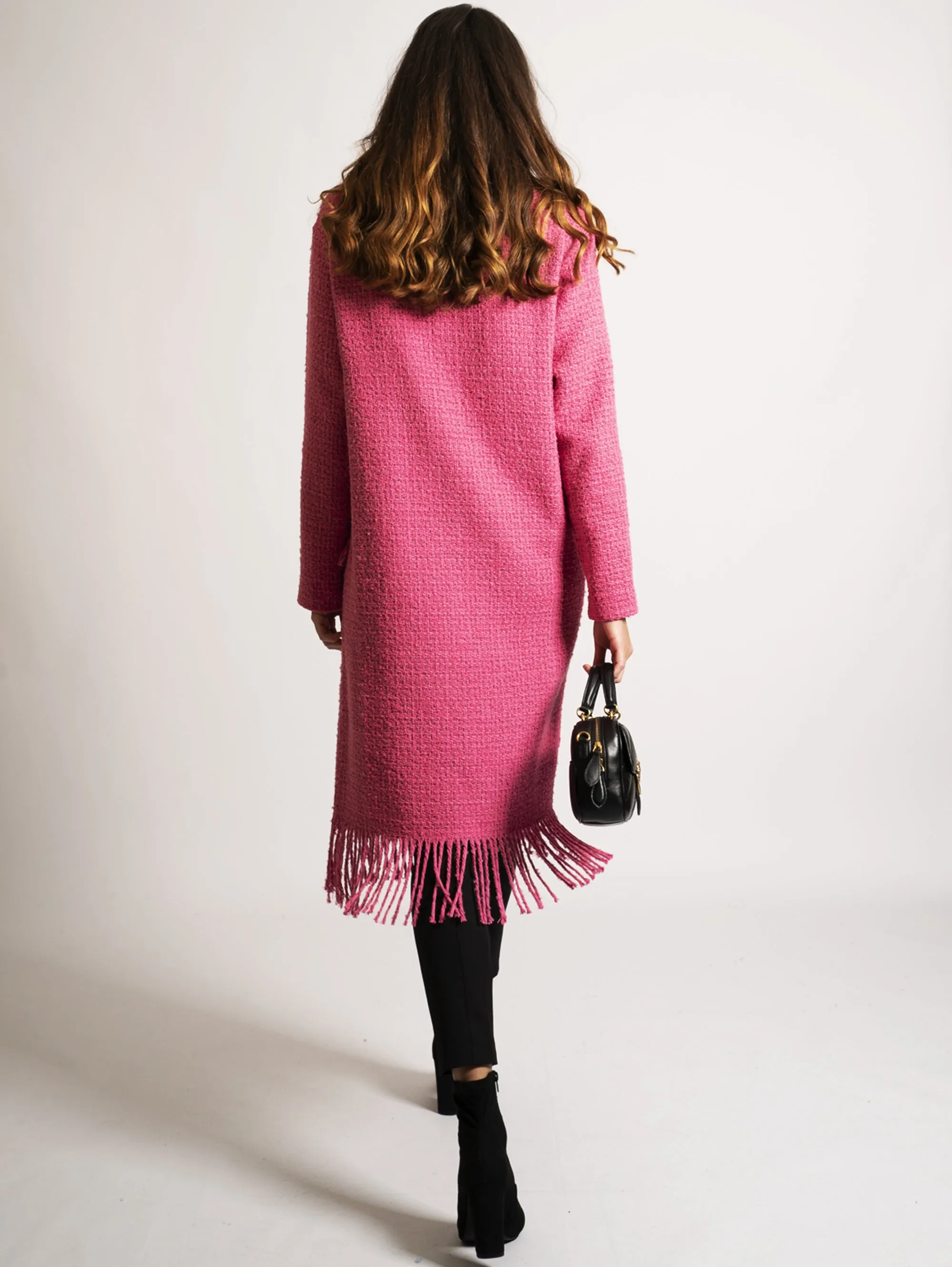 Cappotto in Tweed con Frange Fucsia