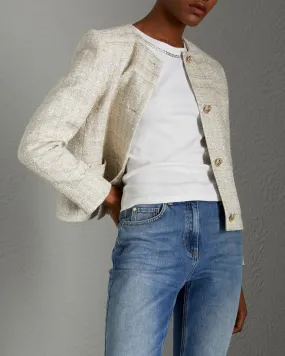 Giacca in stuoia di viscosa e cotone beige con inserti in lurex argento