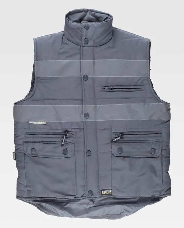 Gilet imbottito e multitasche con frangivento e 2 nastri riflettenti grigi
