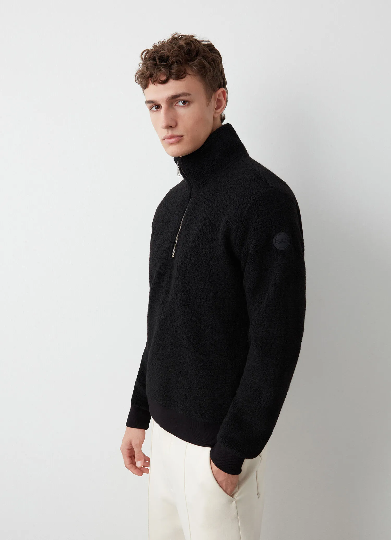 Half-zip wool sweatshirt with knit effect
