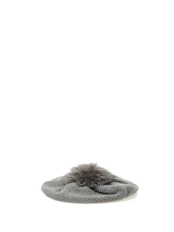 Honeycomb beret in pure cashmere with pompon