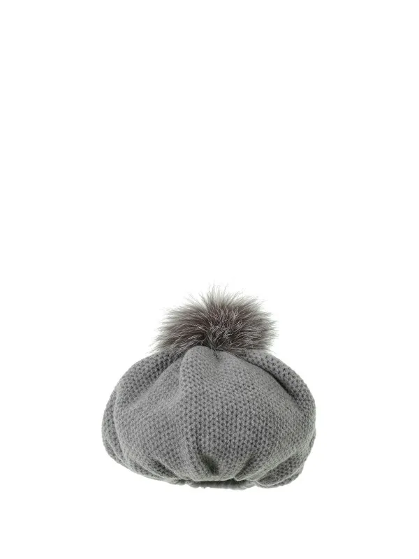 Honeycomb beret in pure cashmere with pompon