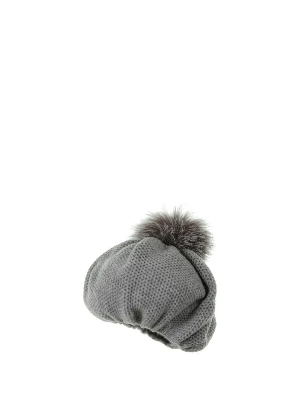 Honeycomb beret in pure cashmere with pompon