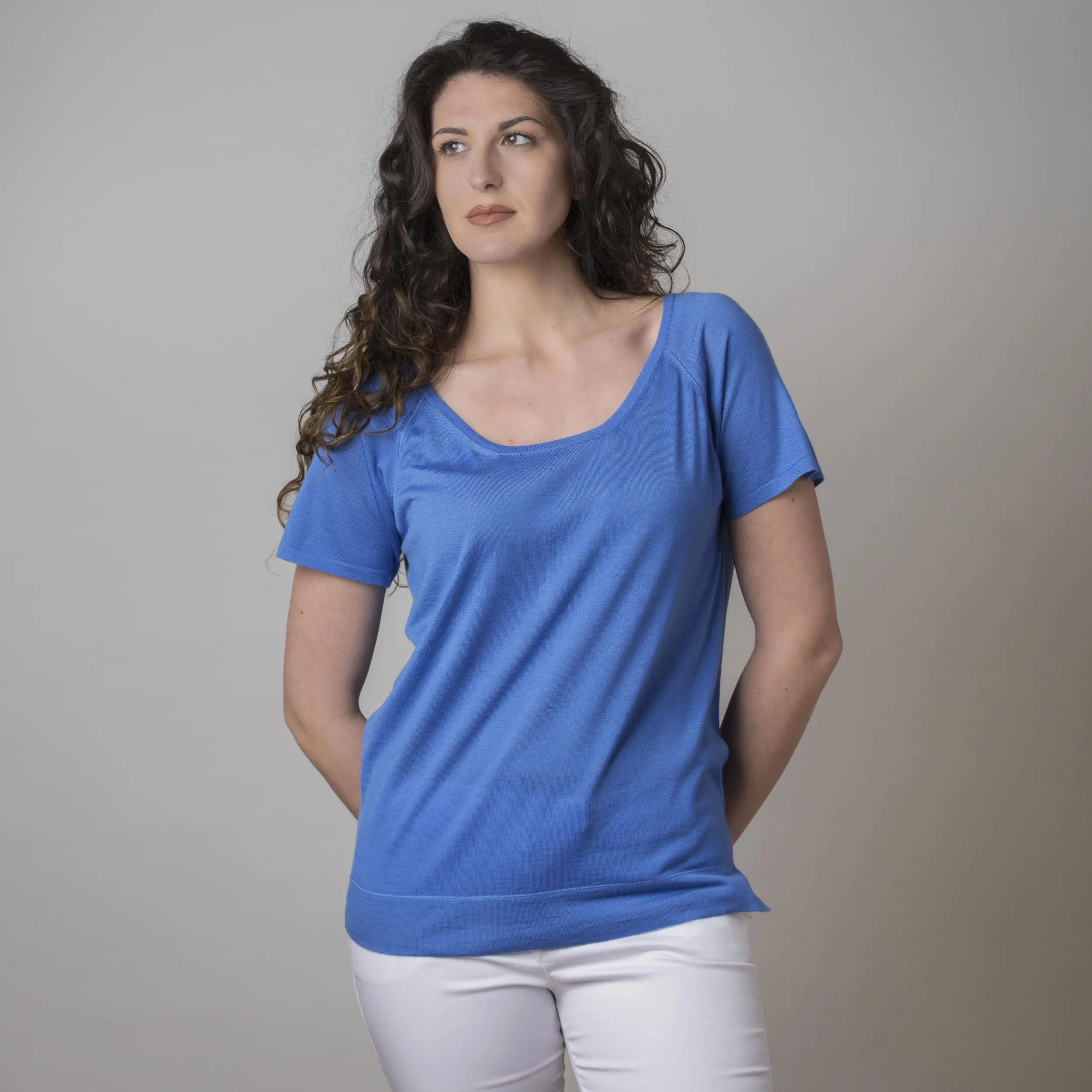 Maglia in Cashmere Mezza Manica Blu Ceruleo
