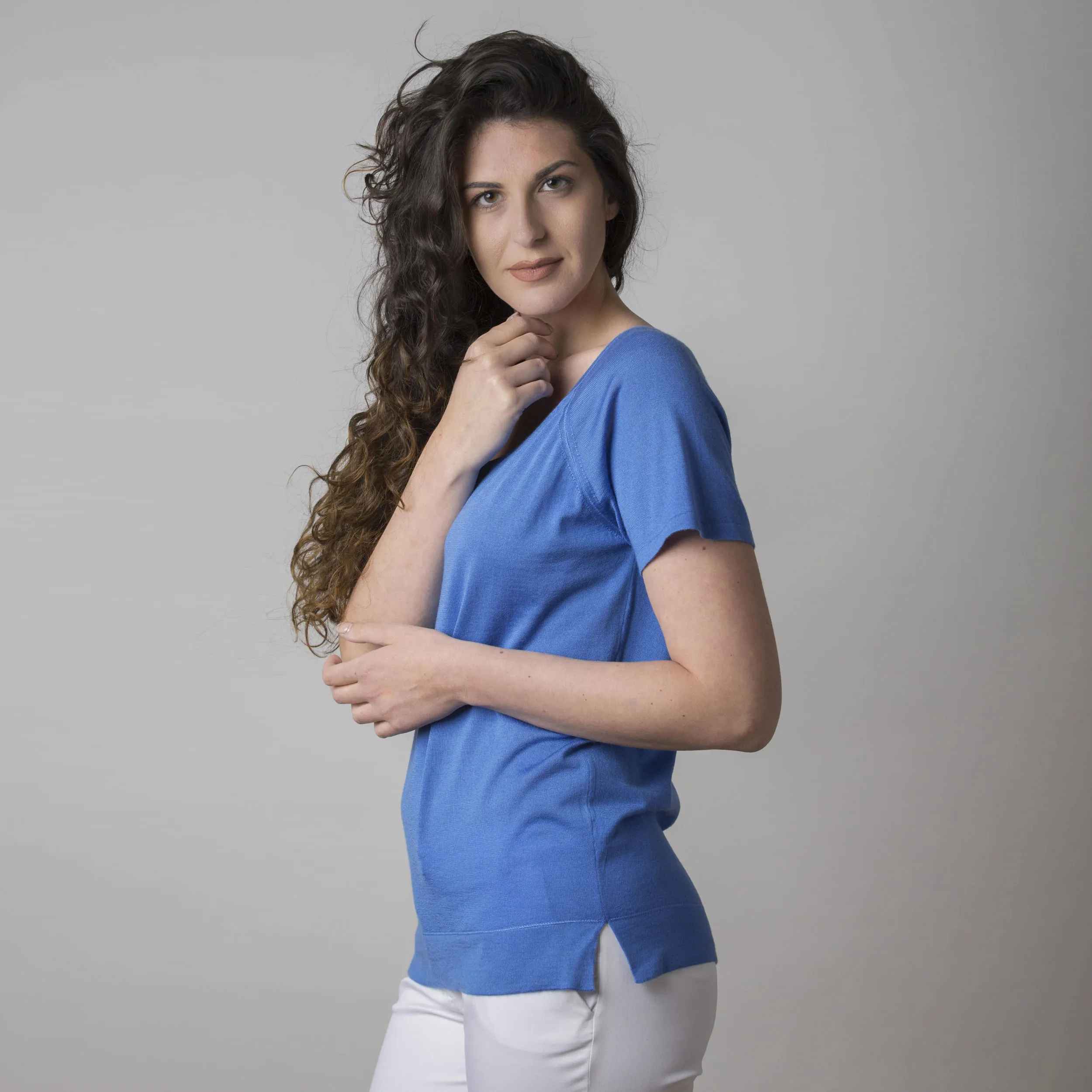 Maglia in Cashmere Mezza Manica Blu Ceruleo