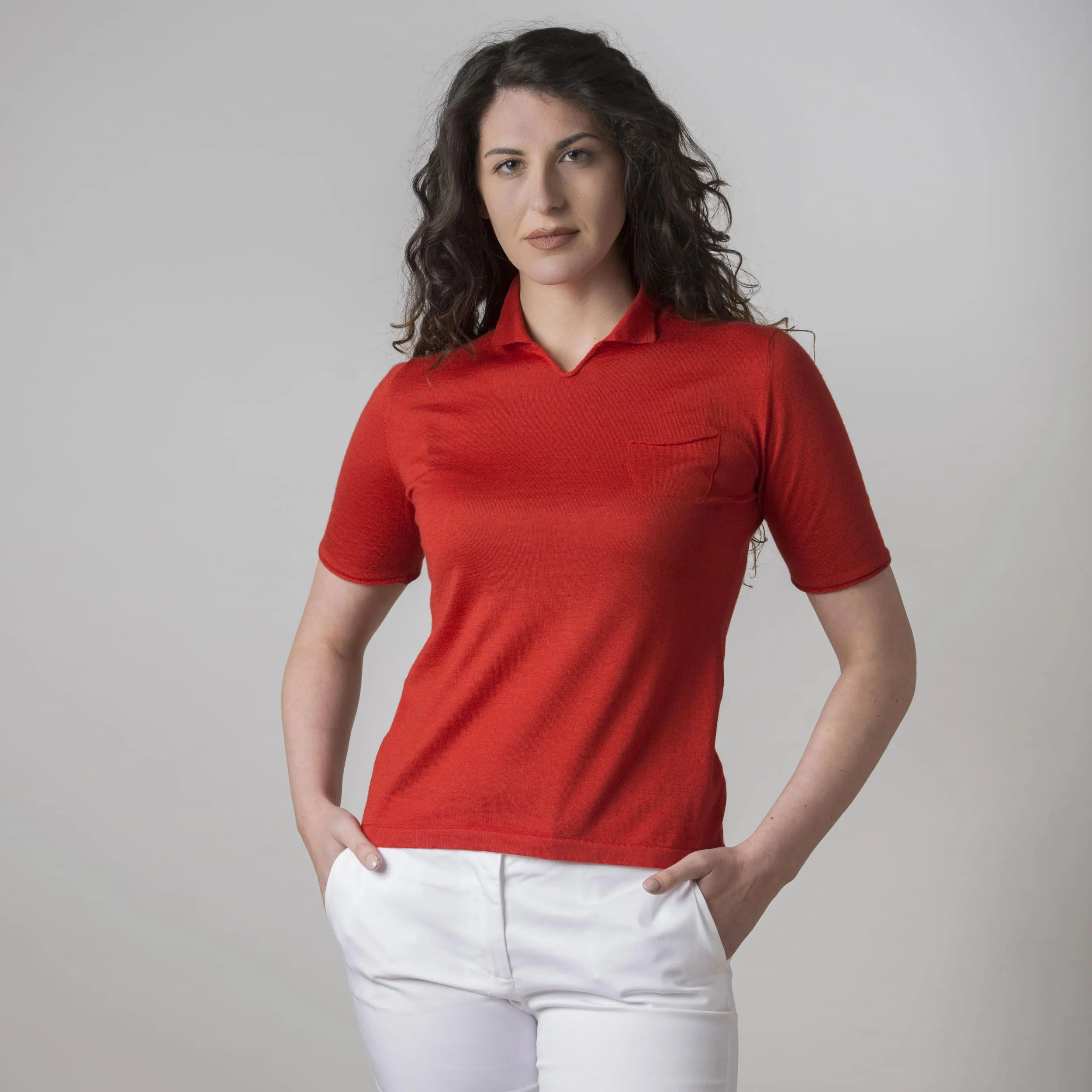 Maglia Polo in Cashmere e Seta Rossa
