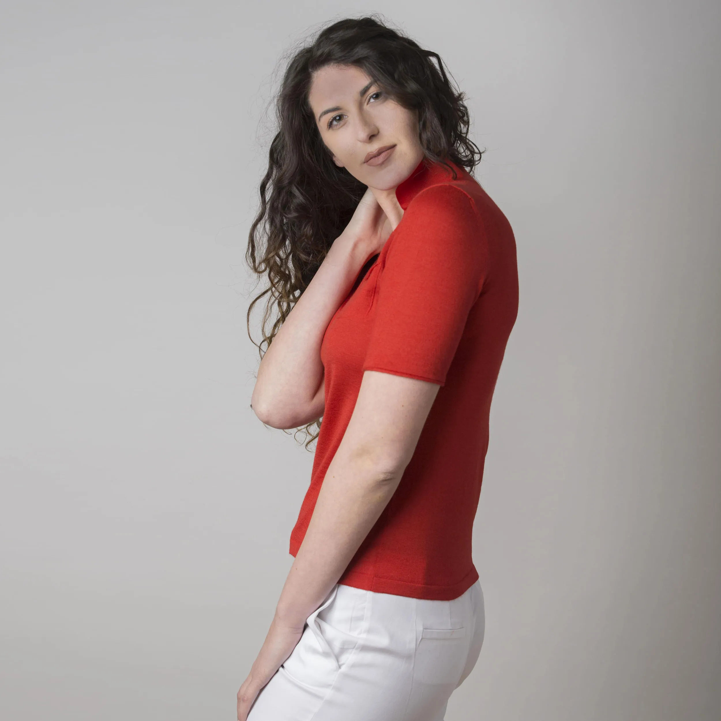 Maglia Polo in Cashmere e Seta Rossa