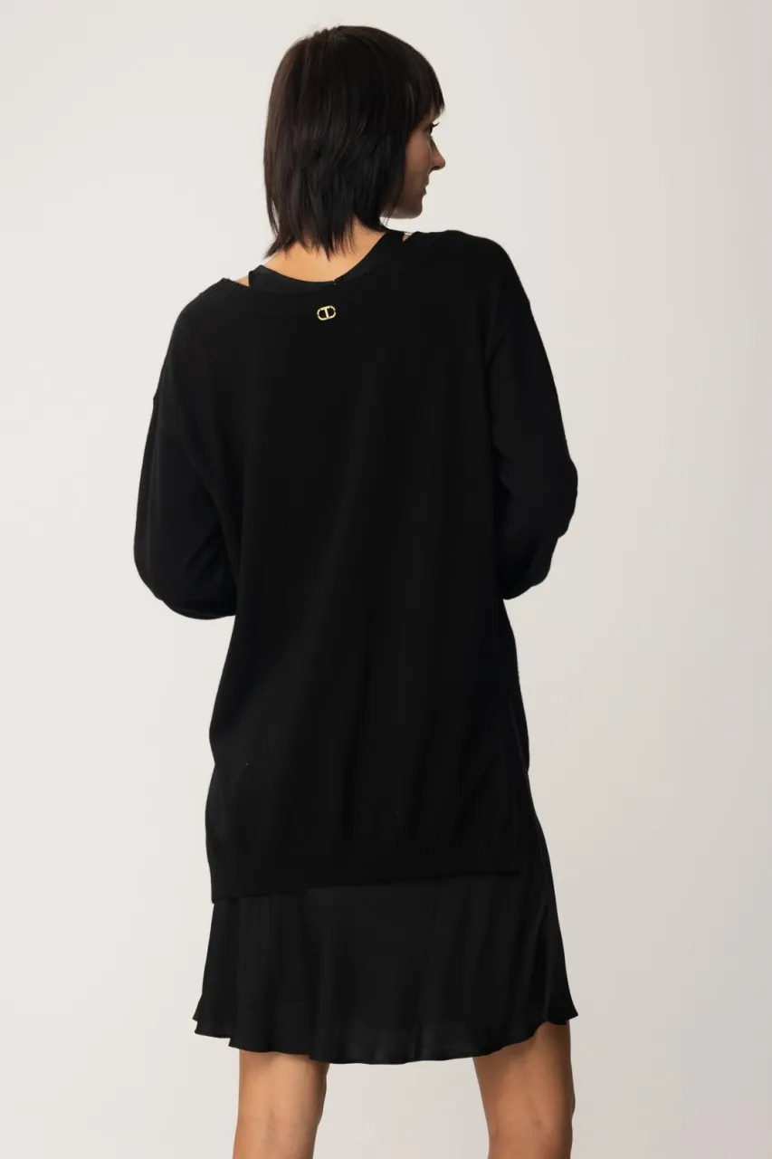Maxi maglia in lana mini abito in satin Nero