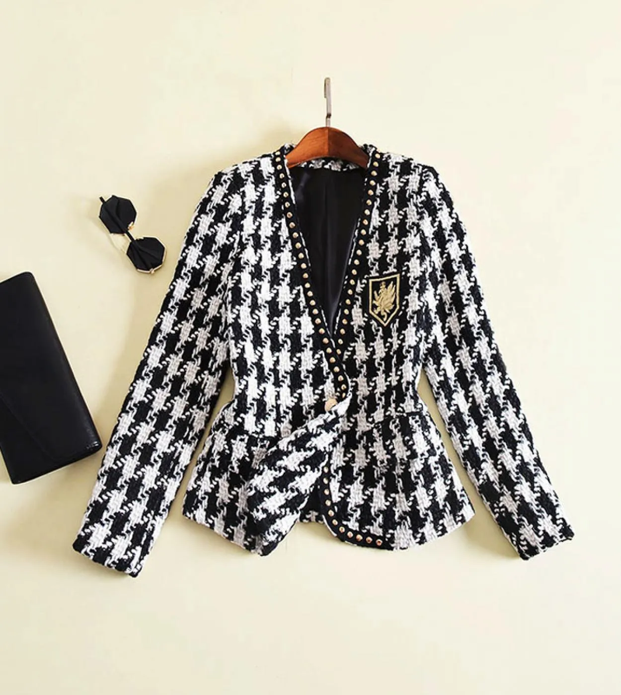 New Fashion Runway 2022 Designer Jacket Donna Manica lunga Distintivo Ricamo Rivetto Giacca in tweed pied de poule Cappotto este