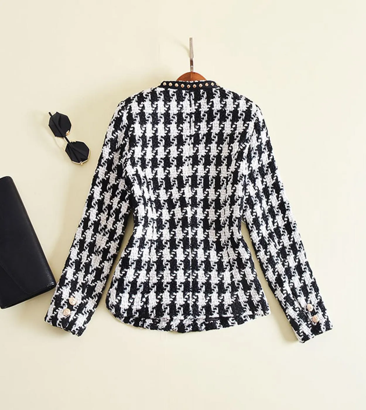 New Fashion Runway 2022 Designer Jacket Donna Manica lunga Distintivo Ricamo Rivetto Giacca in tweed pied de poule Cappotto este