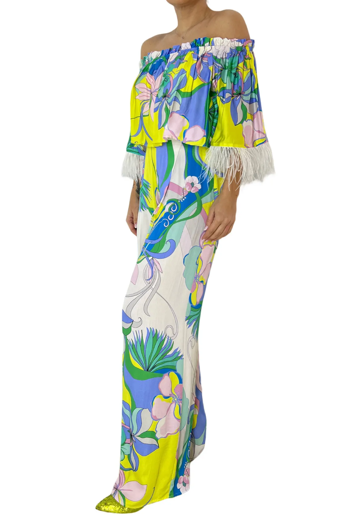 Pantalone donna palazzo vita alta fantasia in cotone seta stampato con pinces larghe