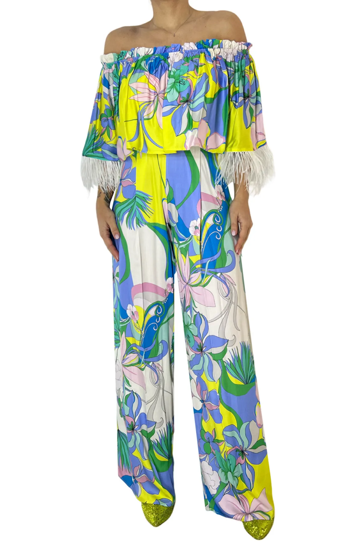 Pantalone donna palazzo vita alta fantasia in cotone seta stampato con pinces larghe