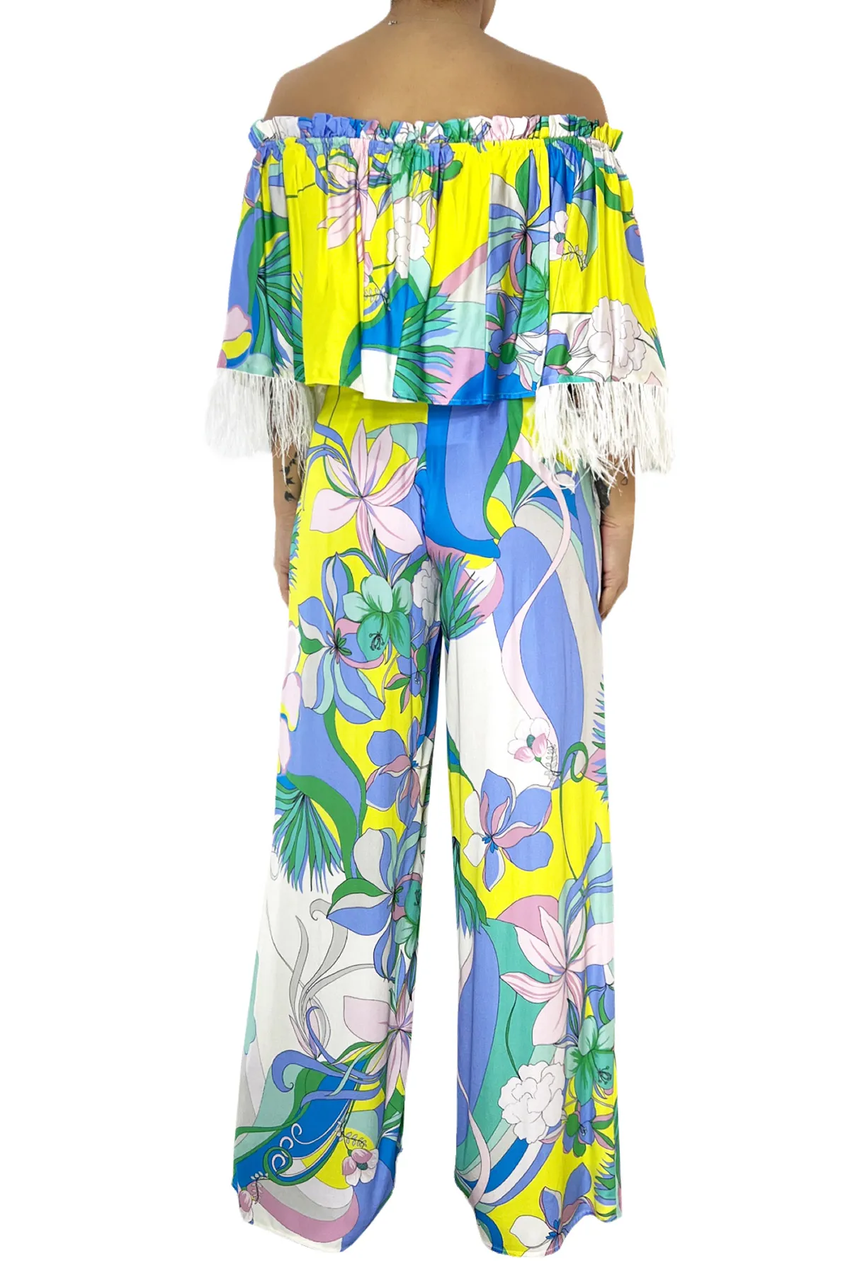 Pantalone donna palazzo vita alta fantasia in cotone seta stampato con pinces larghe
