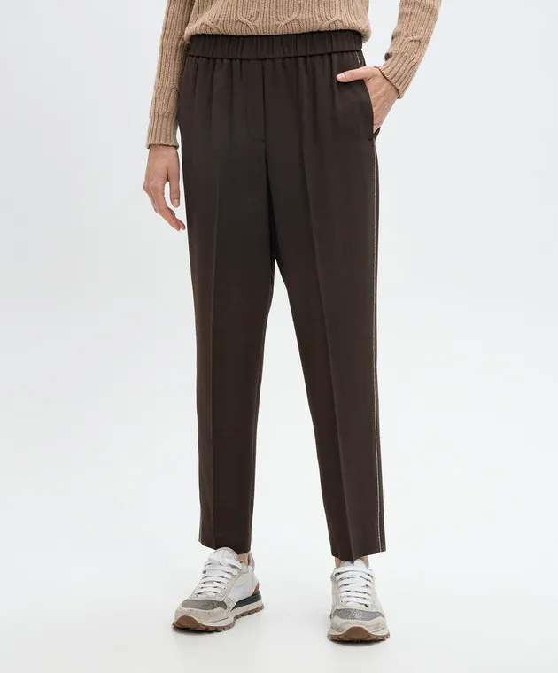 Peserico Pantaloni in lana marrone con catena monil P0407206753