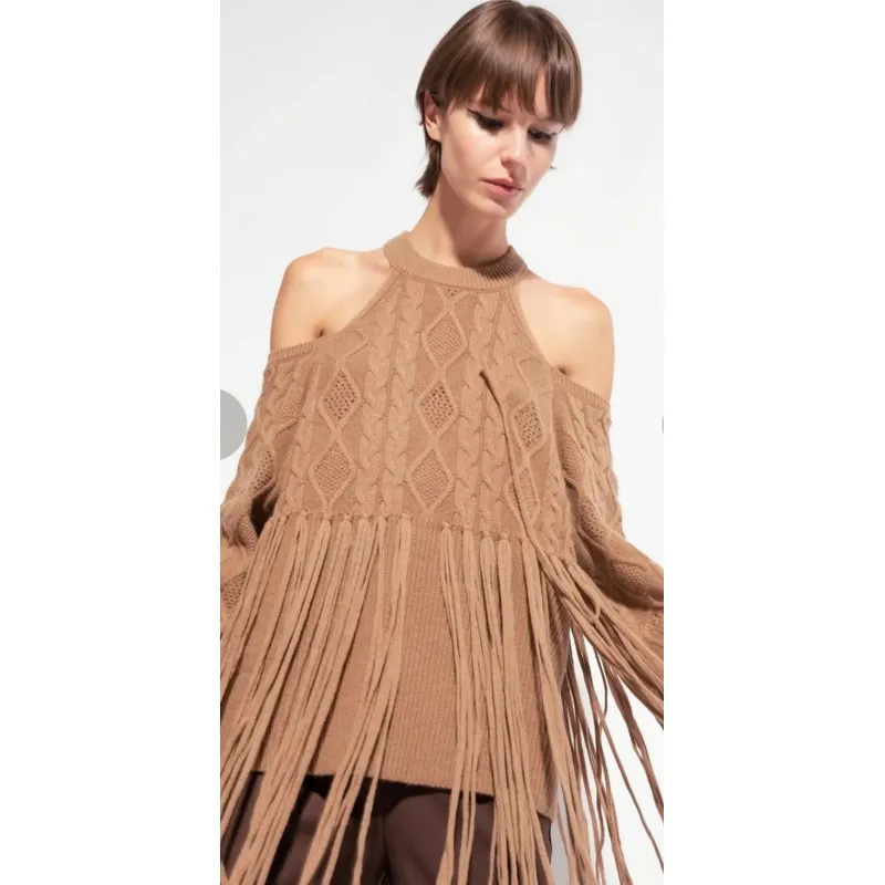 PINKO pullover SHAKERATO a trecce con frange CAMMELLO