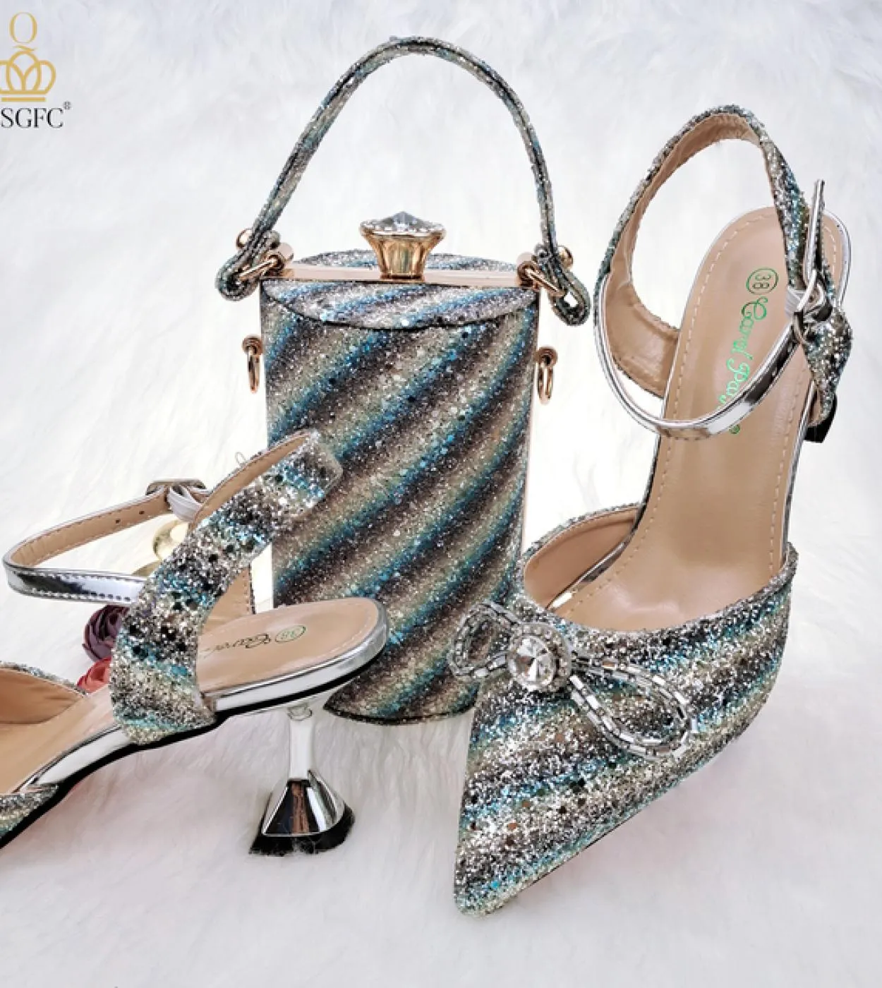 Qsgfc 2022 Lultimo colore verde paillettes a strisce colorate con borsa a secchiello a vita alta Set di borse per scarpe con ta