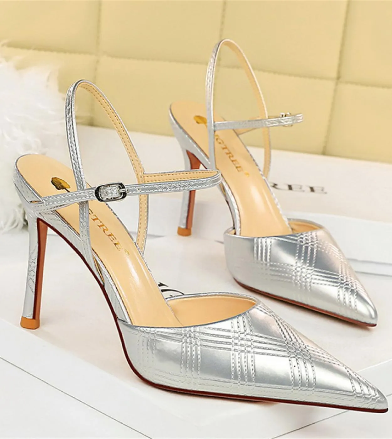 Taglia 34 40 Donna Tacchi alti 9,5 cm Sandali pesca fetish Gladiatore Summer Nightclub Party Sandali argento verde Cinturino all