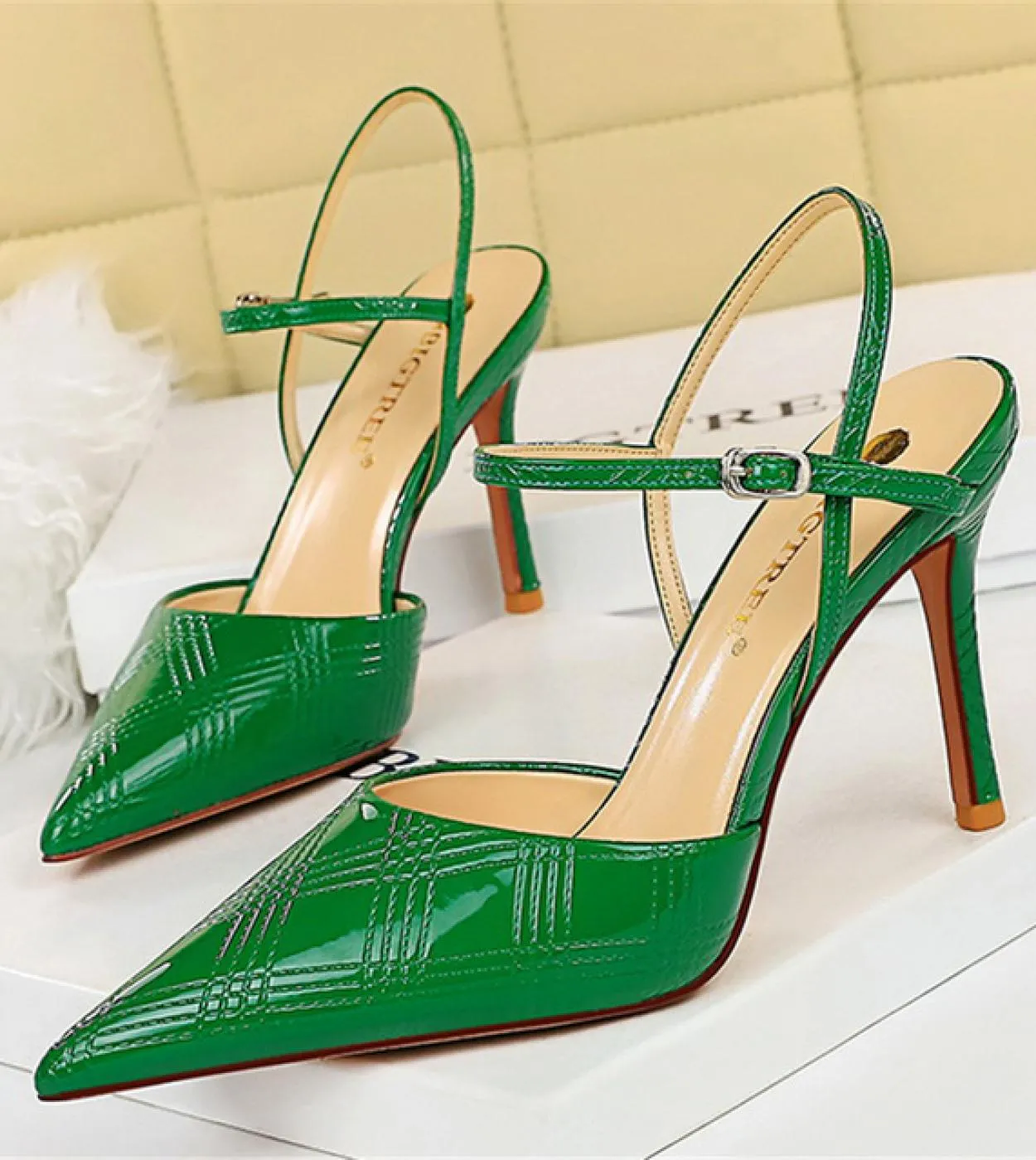 Taglia 34 40 Donna Tacchi alti 9,5 cm Sandali pesca fetish Gladiatore Summer Nightclub Party Sandali argento verde Cinturino all
