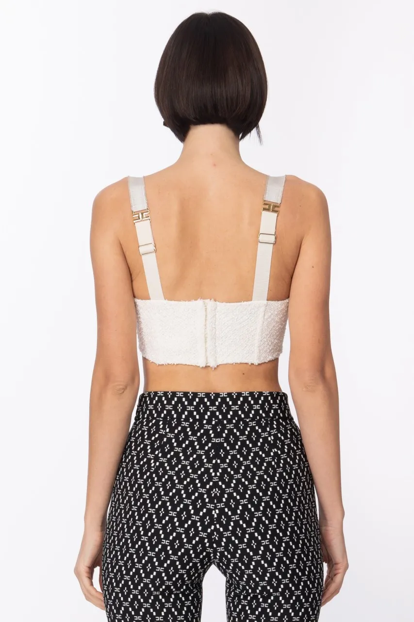 Top in tweed sfrangiato con piping Burro