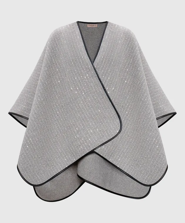 Twinset Poncho in lana grigia con paillettes 242TA4470