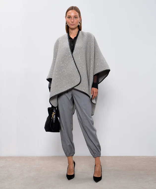 Twinset Poncho in lana grigia con paillettes 242TA4470