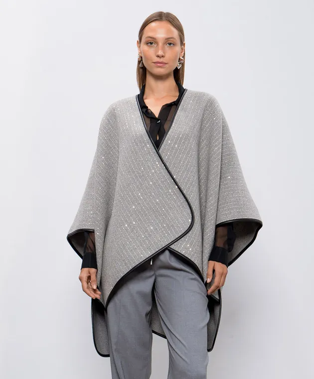 Twinset Poncho in lana grigia con paillettes 242TA4470