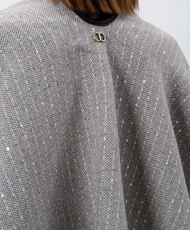 Twinset Poncho in lana grigia con paillettes 242TA4470